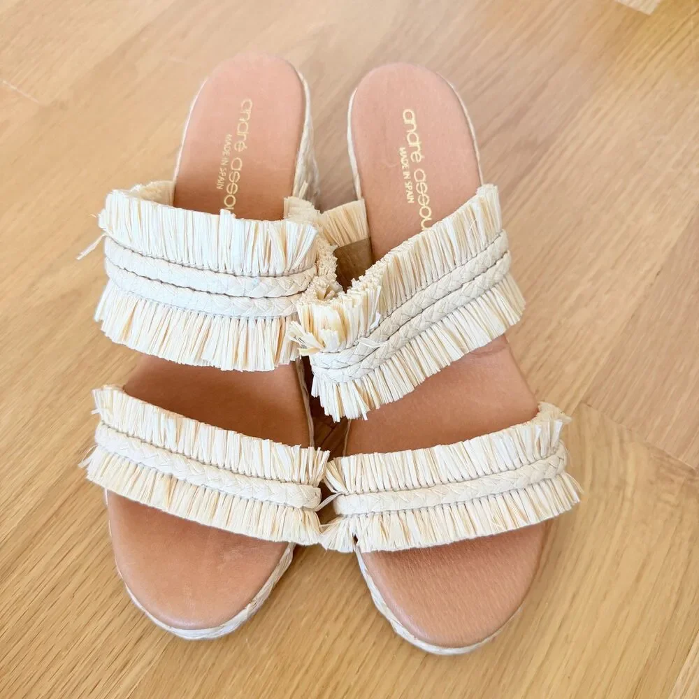 Andre Assous Nori Fringe Espadrille Wedge Sandals – Beige – Size 38 / 8 New